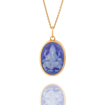 Ganesha Cameo carving and Shloka (pendant-Gold- Blue)