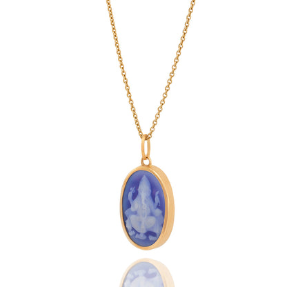 Ganesha Cameo carving and Shloka (pendant-Gold- Blue)