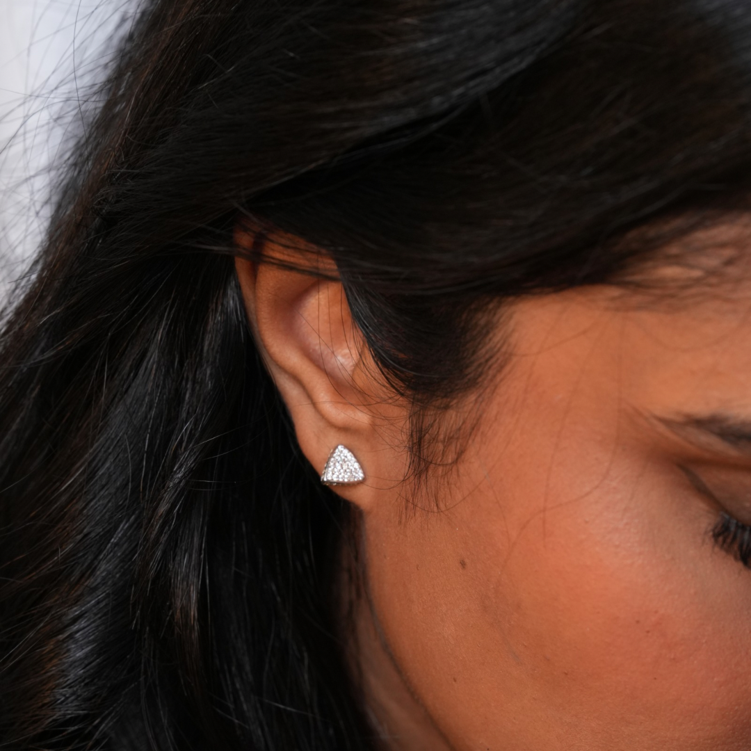 3 Space Pyramid Shine Large Ear Studs (925 Sterling Silver)