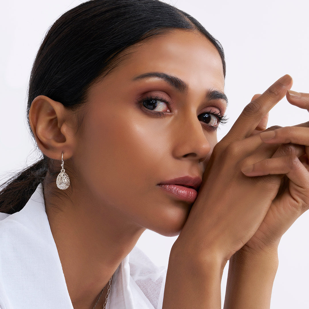 Gayatri Mantra Egg Earring  (Small-Silver)